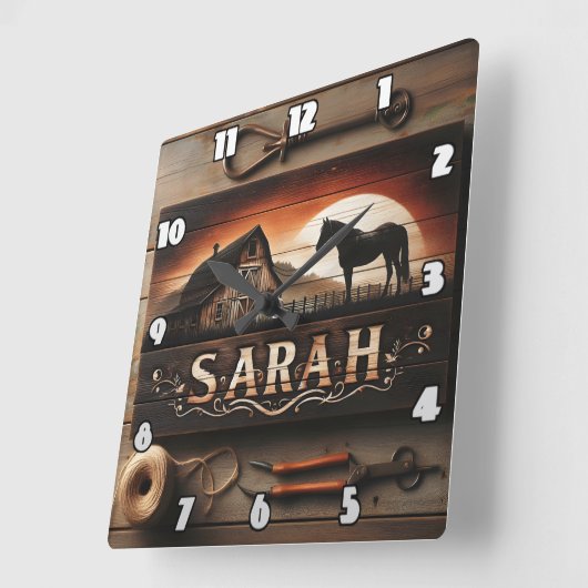 日カスタム没の馬と納屋の木の看板 スクエア壁時計 (傾斜)