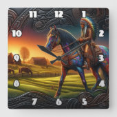 日カラフルの入り鮮やかの馬 スクエア壁時計 (正面)