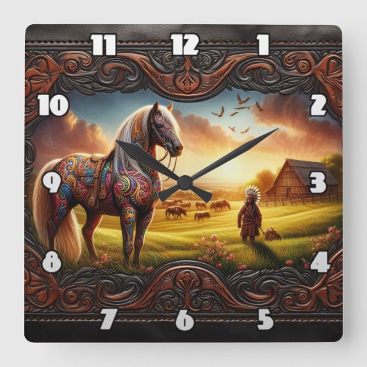 日カラフルの入り鮮やかの馬 スクエア壁時計 (正面)