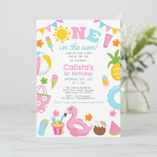 日カラフルの1番目の誕生日にプールパーティーワン 招待状 (スタンド正面)