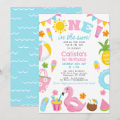 日カラフルの1番目の誕生日にプールパーティーワン 招待状 (正面/裏面)