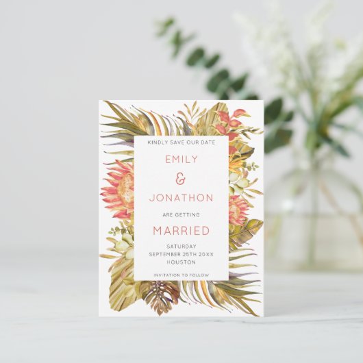 日カラフル付を除く熱帯雨露の結婚式 案内ポストカード (スタンド正面)