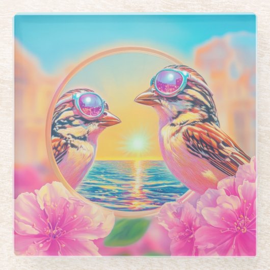 日クール没のサングラスを持つ鳥 ガラスコースター (正面)