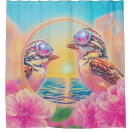 日クール没のサングラスを持つ鳥 シャワーカーテン