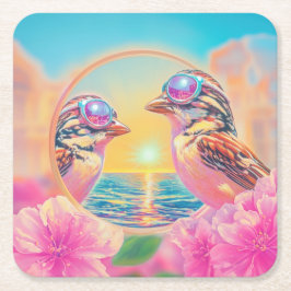 日クール没のサングラスを持つ鳥 スクエアペーパーコースター