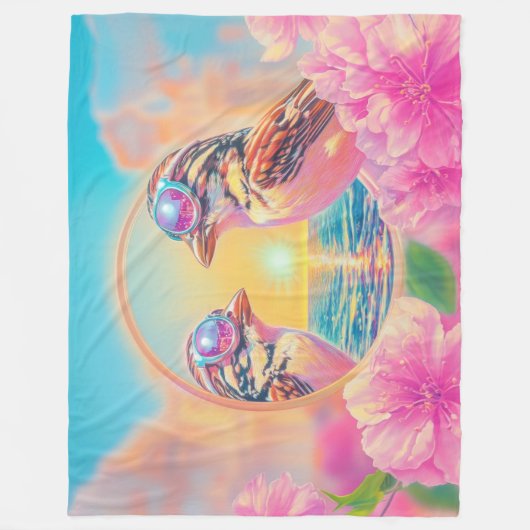 日クール没のサングラスを持つ鳥 フリースブランケット (正面)