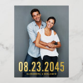 日シンプルタイポグラフィ写真の日付を保存 箔招待状ポストカード (正面)