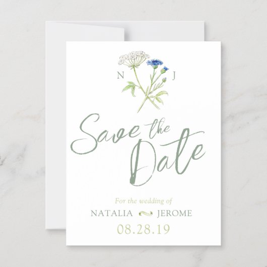 日シンプル付を除くワイルドフラワー白い緑 マグネット招待状 (正面)