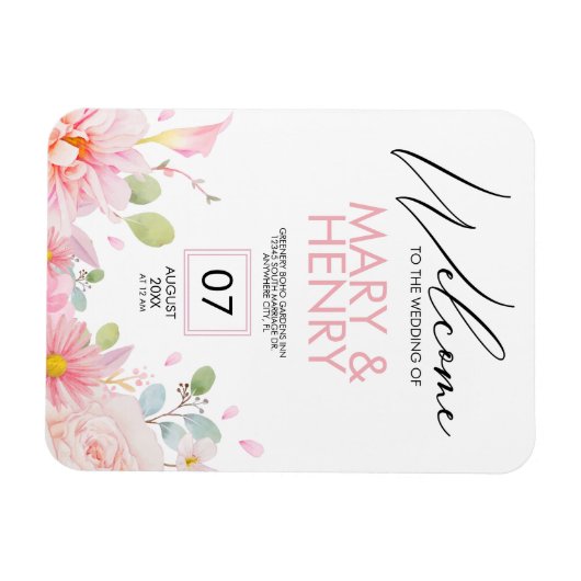 日シンプル付エレガントを保存したピンクのフローラ結婚式 マグネット (横)