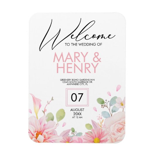 日シンプル付エレガントを保存したピンクのフローラ結婚式 マグネット (縦)