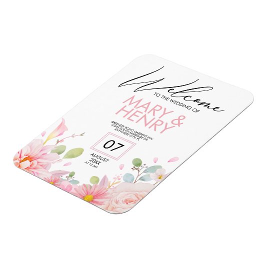 日シンプル付エレガントを保存したピンクのフローラ結婚式 マグネット (左側)