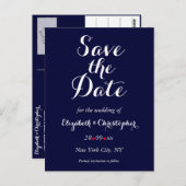 日シンプル付エレガントを保存するネイビーブルーウェディング ポストカード (正面/裏面)