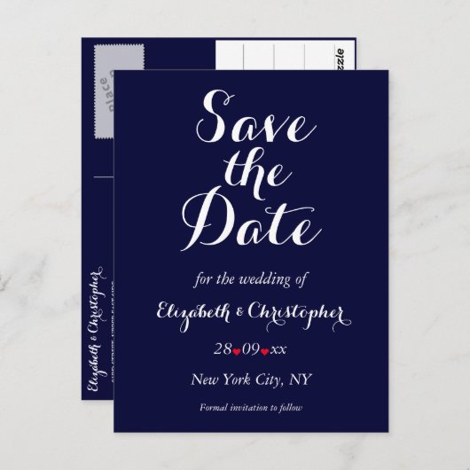 日シンプル付エレガントを保存するネイビーブルーウェディング ポストカード (正面/裏面)