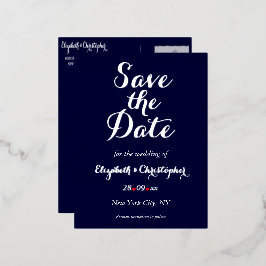 日シンプル付エレガントを保存するネイビーブルーウェディング 箔招待状ポストカード