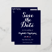 日シンプル付エレガントを保存するネイビーブルーウェディング 箔招待状ポストカード (正面/裏面)