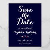 日シンプル付エレガントを保存するネイビーブルーウェディング 箔招待状ポストカード (正面)