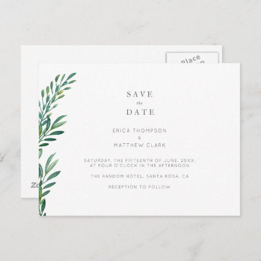 日シンプル付ハガキを保存する緑の結婚式 案内ポストカード (正面/裏面)