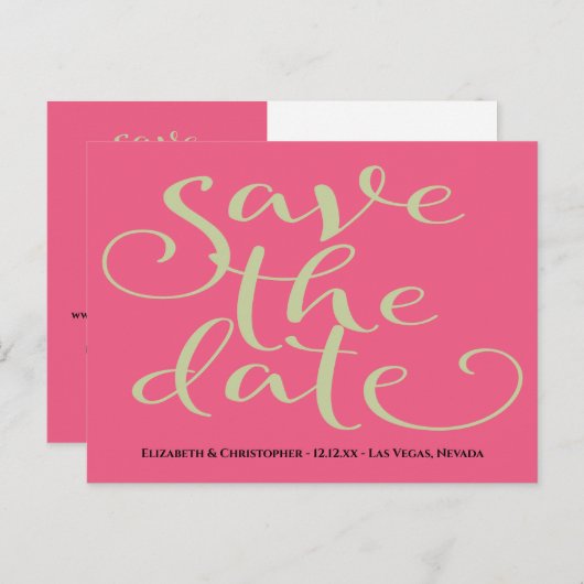 日シンプル付モダンを保存したピンクの緑の結婚式 ポストカード (正面/裏面)