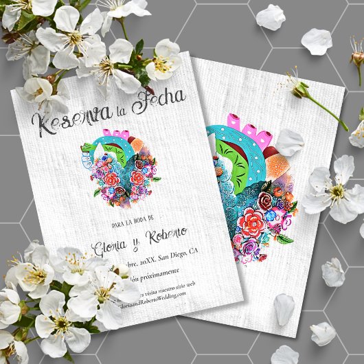 日スペインの付を保存する素朴ハートメキシコの結婚式 招待状