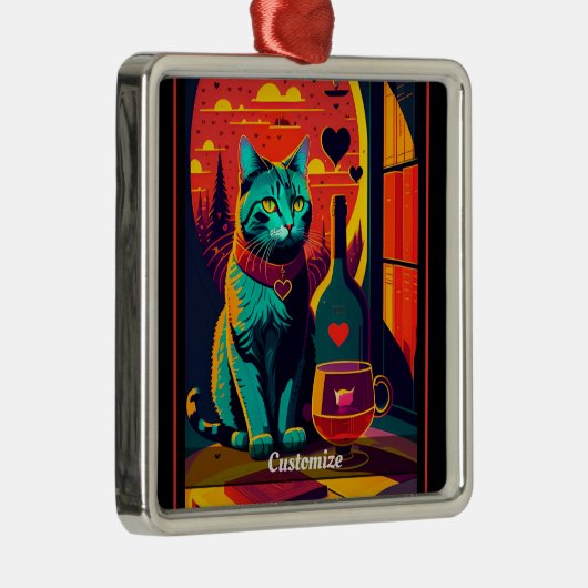 日パーソナライズされた没の猫の本とワイン メタルオーナメント (右)