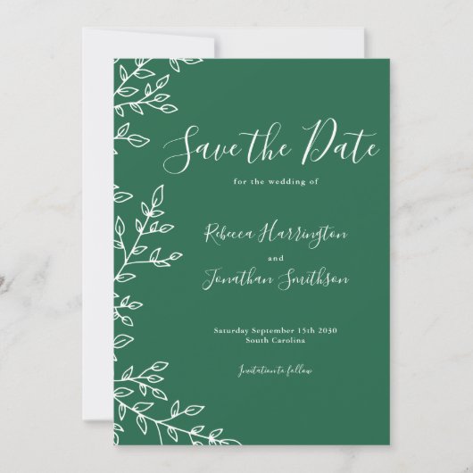 日ミニマル付を保存する葉の緑の結婚式 招待状 (正面)