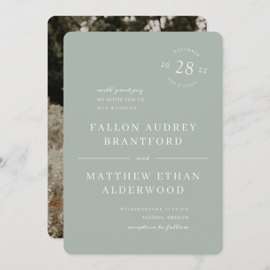 日モダンミニマル印セージ結婚式招待状 セーブザデート (正面/裏面)