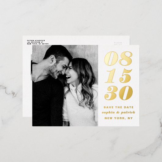 日モダン付はっきりしたタイポグラフィ写真日付の保存 箔招待状ポストカード (正面/裏面)