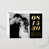 日モダン付はっきりしたタイポグラフィ黒日付の保存 箔招待状ポストカード (正面/裏面)