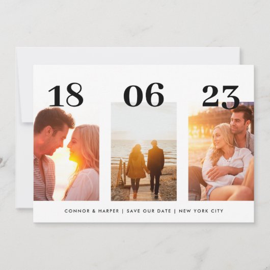 日モダン付はっきりした3枚の写真QRコード日付を保存 セーブザデート (正面)