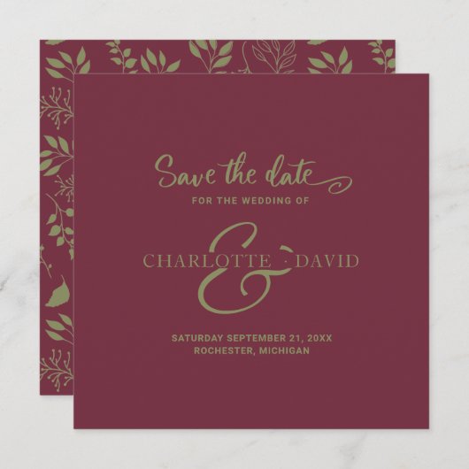 日モダン付を除くバーガンディと緑の結婚式 セーブザデート (正面/裏面)