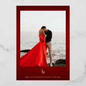 日モダン付 |赤と金ゴールドの結婚式の日付を保存 箔招待状 (裏面)