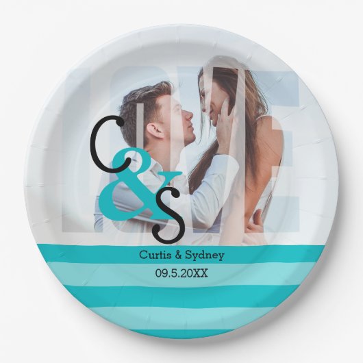 日モダン写真ラブカップルパーティー-ターコイズPap ペーパープレート (正面)