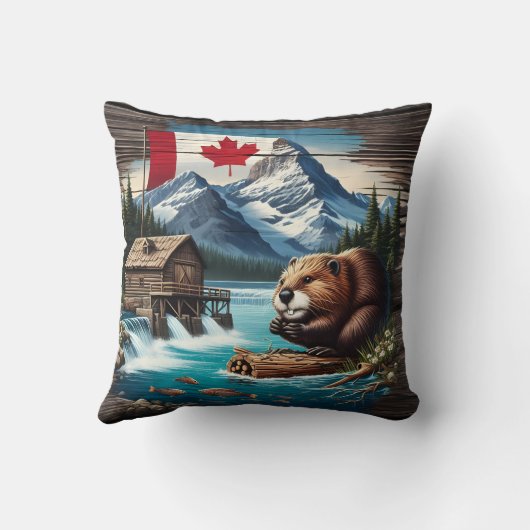 日中のカナダビーバーバイマウンテンレイク クッション (裏面)