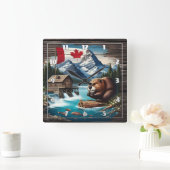 日中のカナダビーバーバイマウンテンレイク スクエア壁時計 (ホーム)