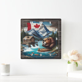 日中のカナダビーバーバイマウンテンレイク スクエア壁時計