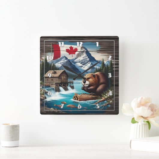 日中のカナダビーバーバイマウンテンレイク スクエア壁時計 (ホーム)