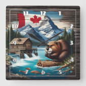 日中のカナダビーバーバイマウンテンレイク スクエア壁時計 (正面)