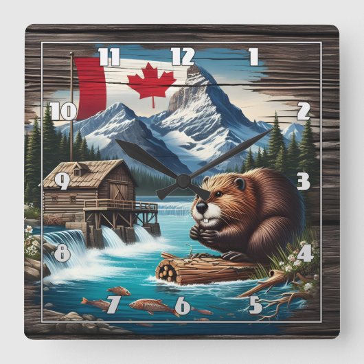 日中のカナダビーバーバイマウンテンレイク スクエア壁時計 (正面)