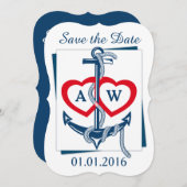 日付お知らせカード アンカー 海事 ネイビーブルー 赤 セーブザデート (正面/裏面)