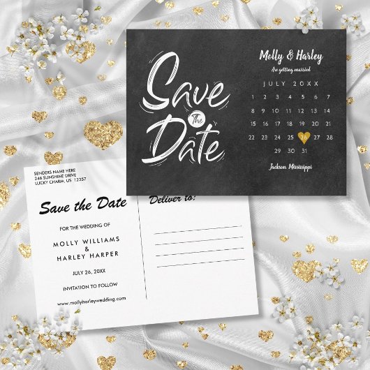 日付お知らせ カレンダー ゴールド ハート 黒板 ポストカード