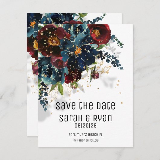 日付きらめくを保存してブルゴーニュ海軍の結婚式 案内状 (正面/裏面)