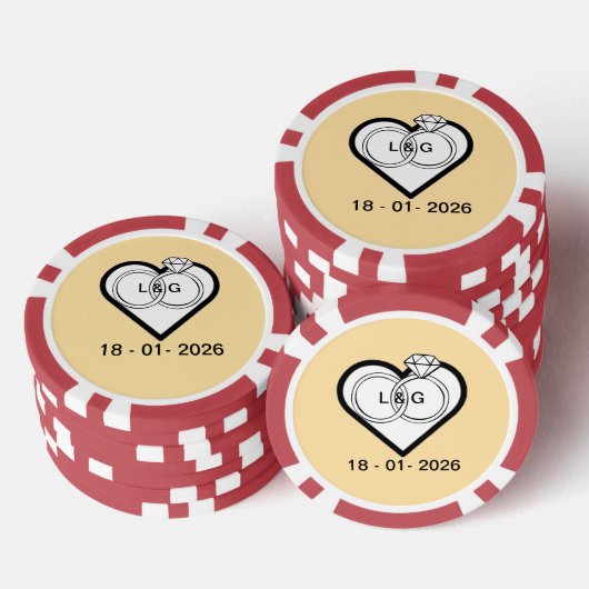 日付とイニシャル入りハートの結婚指輪 ポーカーチップ (積み重ね)