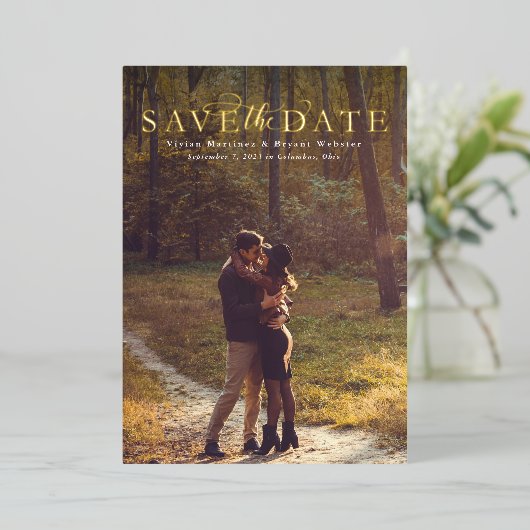 日付のをシンプル縦エレガントに1つ保存する 箔招待状 (立ち正面)