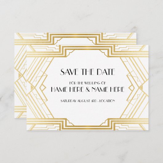 日付のアールデコの結婚披露宴の金ゴールドの招待を救って下さい セーブザデート (正面/裏面)