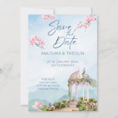 日付のインディアンの結婚クジャクのダスティブルーを保存 招待状 (正面)