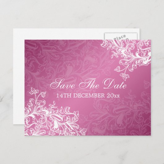 日付のエレガントヴィンテージをピンクに渦巻く 案内ポストカード (正面/裏面)