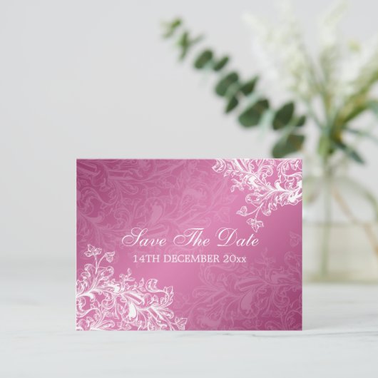 日付のエレガントヴィンテージをピンクに渦巻く 案内ポストカード (スタンド正面)