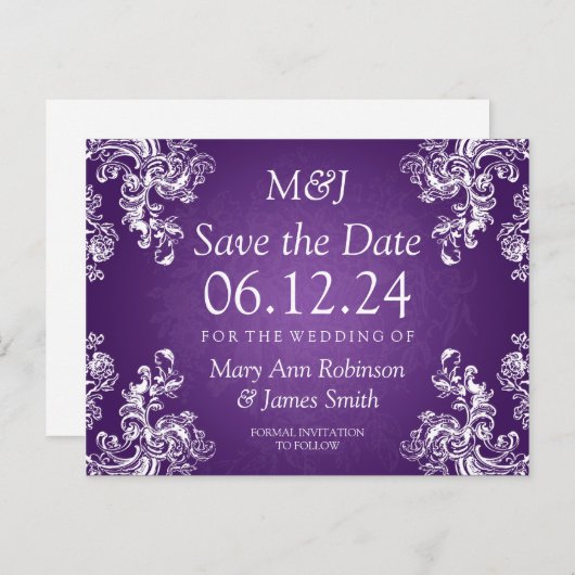 日付のエレガントヴィンテージ渦巻き旋回2紫を保存 案内ポストカード (正面/裏面)