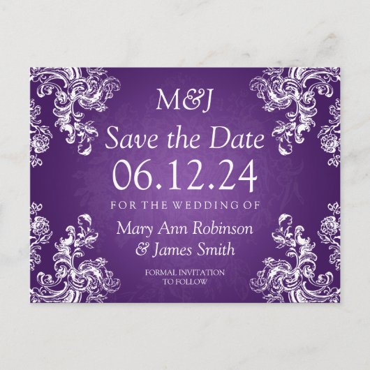 日付のエレガントヴィンテージ渦巻き旋回2紫を保存 案内ポストカード (正面)