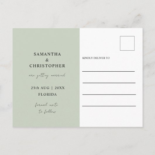 日付のグリーンウォーター色ユーカリ結婚の 案内ポストカード (裏面)